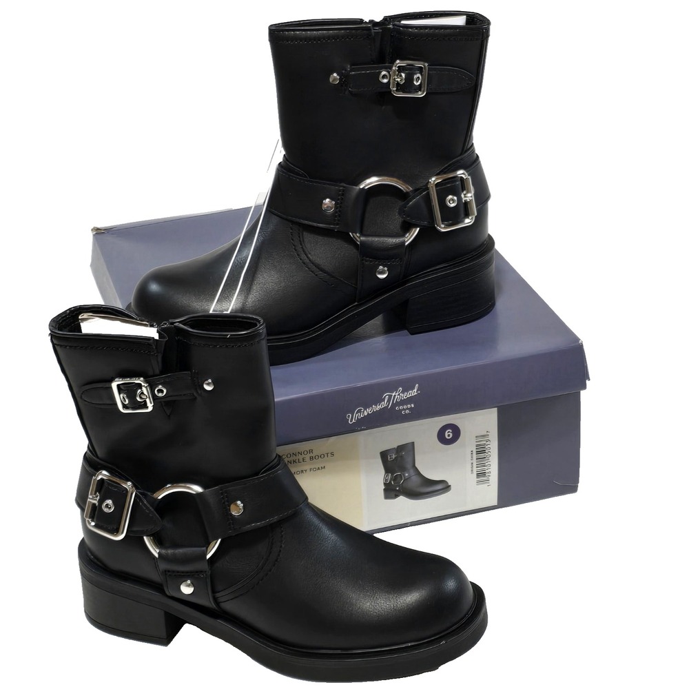 Universal Thread Connor Black Ankle Boots Size 6 Memory Foam‎ Buckle Moto Boot